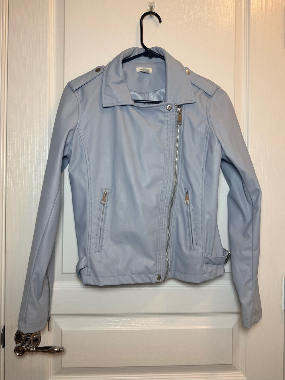 Light Blue Faux Leather Moto Biker Jacket Asymmetrical Zip XS